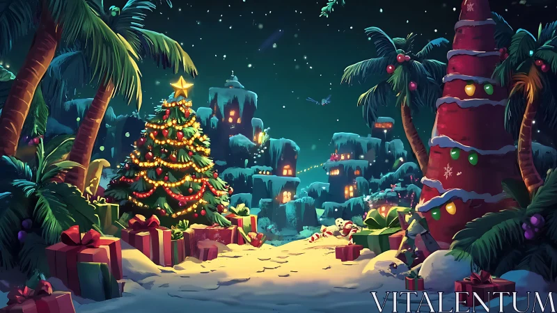 Tropical village Christmas eve under glowing starlit sky.