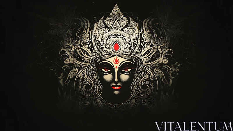 Radiant goddess face glows softly within intricate golden art