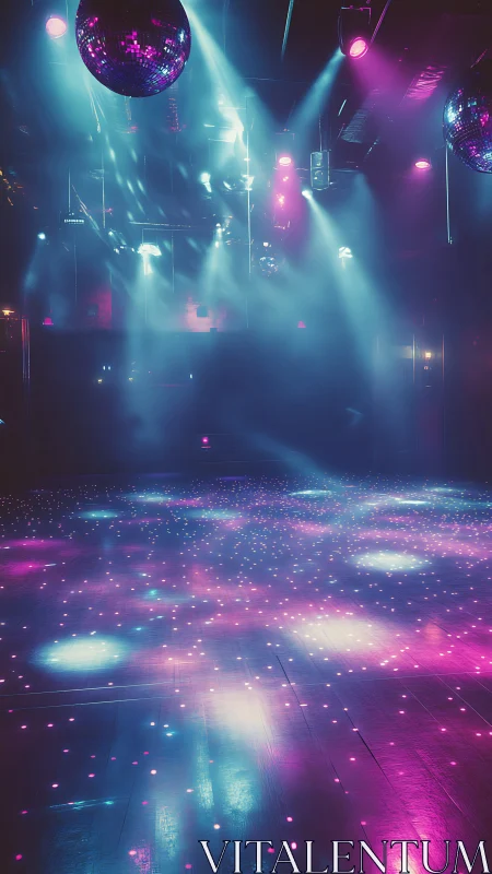 Neon disco hush on a glittering empty dancefloor night.