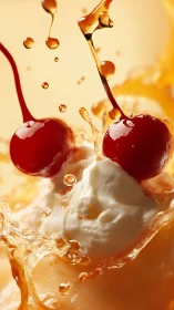 Close-up maraschino cherries splashing over whipped cream.