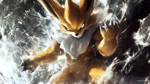 Storm-clawed fox warrior bursts through roaring lightwaves.