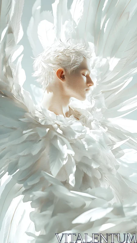 Luminous winged figure rests in a gentle storm of white feathers