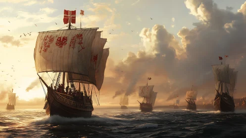 Sunlit medieval fleet under billowing heraldic sails.