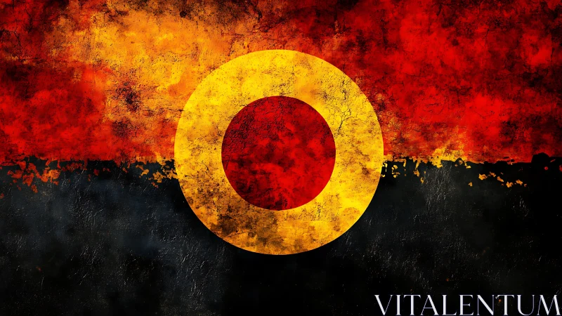 Radial target emblem over distressed red black textured field