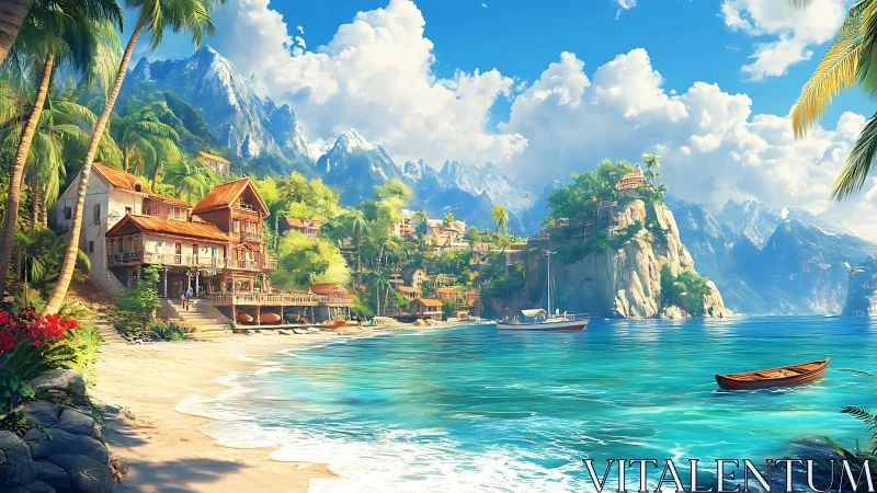 Idyllic Coastal Village Nestled Between Towering Mountains.