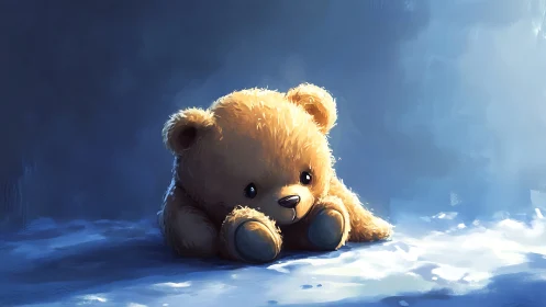 Soft teddy bear resting in cool blue spotlighted glow.