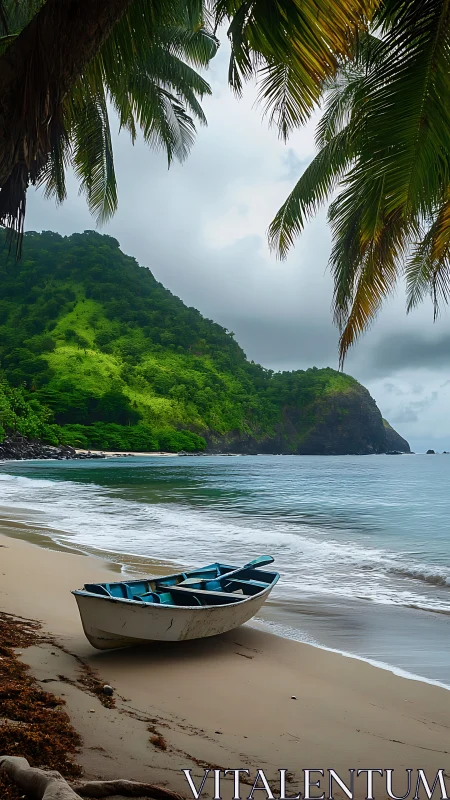 Tropical Beach with Anchored Boat and Lush Mountainside.