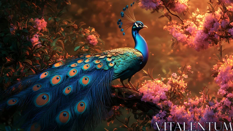 Digital painting of peacock amid luminous spring blossom canopy.