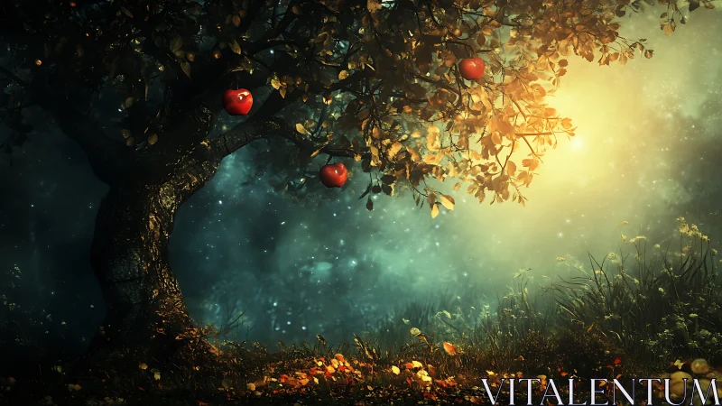 Midnight orchard leans into starlight and cradles glowing apples
