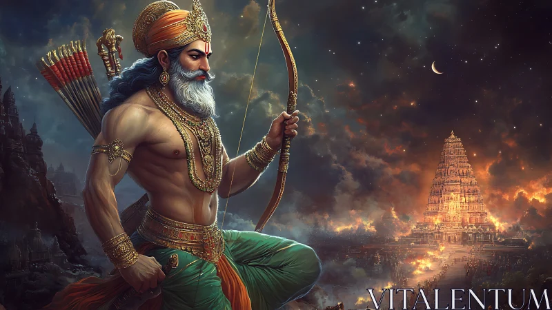 Mythic archer strides toward a blazing celestial temple.