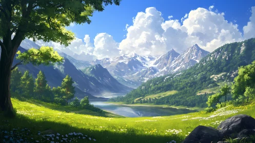 Mountain valley landscape with lake under clear daylight.