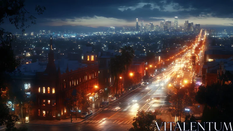 Rain-soaked city avenue glows under stormy twilight sky