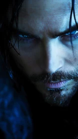 Intense blue-eyed man stares forward in cold close-up