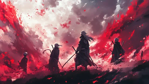 Samurai silhouettes stride through crimson storm sky.