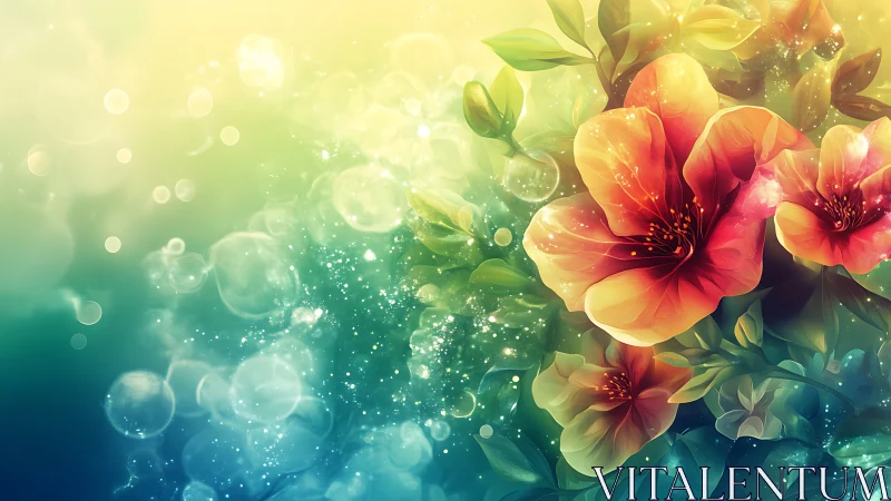 Digital illustration shows hibiscus flowers amid bokeh field