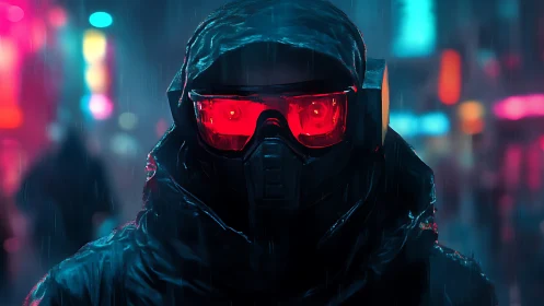 Hooded cyber operative in neon rain‑soaked nightscape.