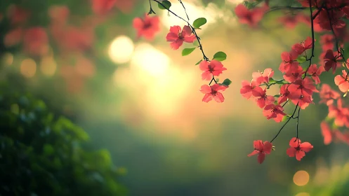 Luminous Petals Cascade Through Golden Haze.