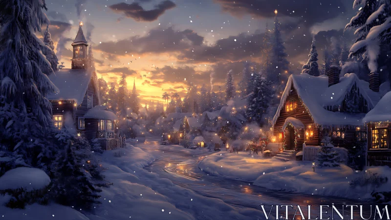 Snow-covered village street is shown at winter sunset