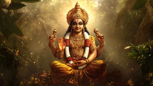 Hindu deity in ornate gold attire amid glowing forest scene.
