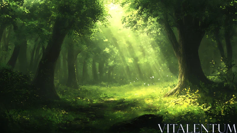 Sunlit Forest Path Through Ancient Trees.