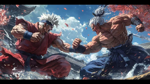 Twin tempests of muscle collide beneath storm-bright skies