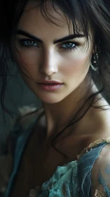 Storm-eyed muse in tattered teal silk and whispered light.