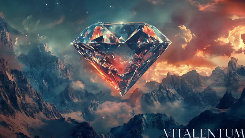 Suspended faceted crystal over atmospheric alien mountainscape