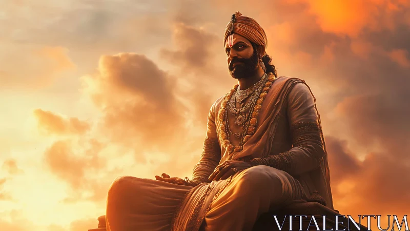 Golden dusk over serene royal statue in quiet reflection.