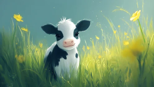 Sunlit meadow calf with buttercup-bright curiosity gaze.