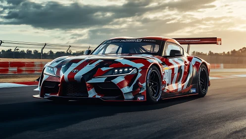 Race-prepped Toyota sports car accelerates along track