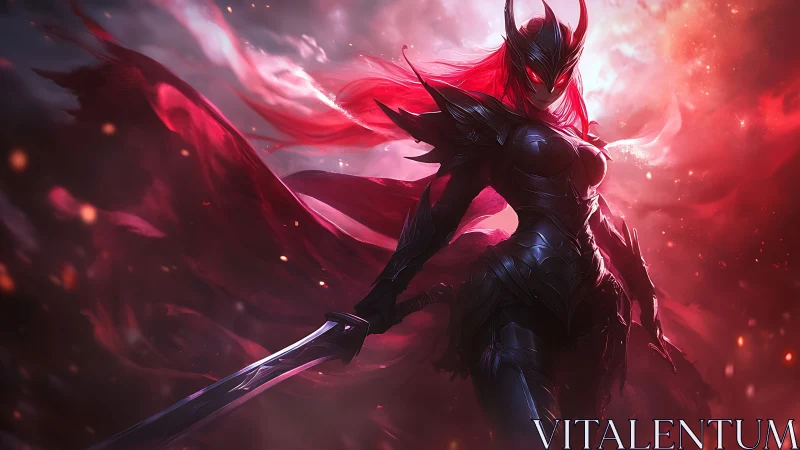 Blade-queen of the crimson storm strides through embers.