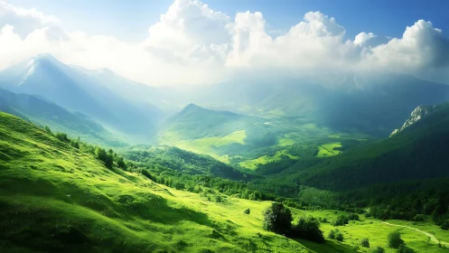 Sunlit valleys drift like emerald waves beneath soft clouds