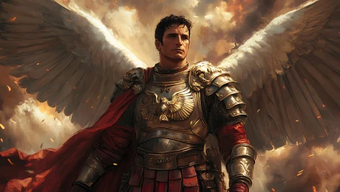 Winged paladin in golden armor amid burning clouds.
