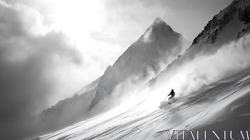 Solitary skier carving powder below dramatic alpine peak.