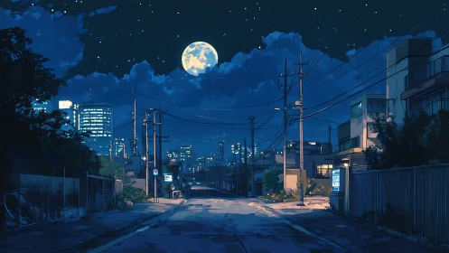 Quiet suburban street under bright full moon at night.