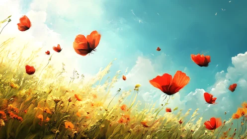 Sunlit poppy meadow with butterflies drifting in bright sky.