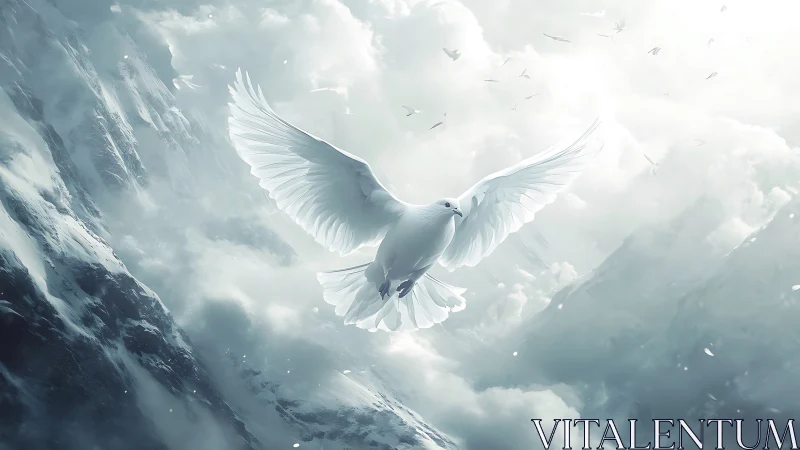 Gentle white dove soaring through misty mountain light.