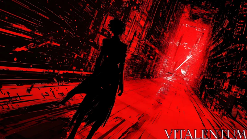 Silhouetted figure traverses a red cyber corridor in perspective
