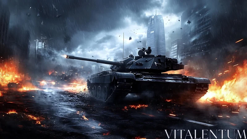 3D war machine in rain-soaked urban inferno composition.