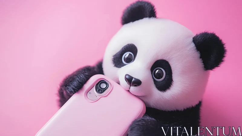 Cute toy panda holds pink smartphone against soft background