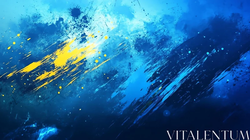 Abstract blue and yellow paint splatter digital artwork background.