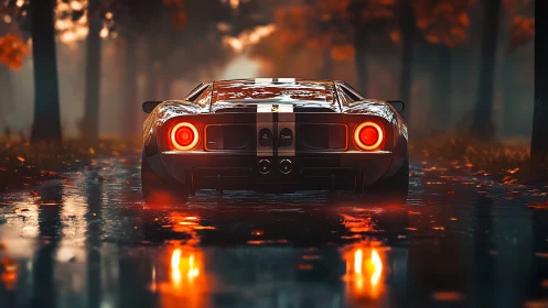 Classic sports car on wet autumn forest road at dusk.