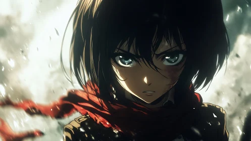 Anime warrior portrait with red scarf in smoky backdrop.