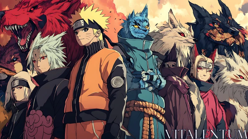 Ninja warriors stand aligned before colossal summoned beasts