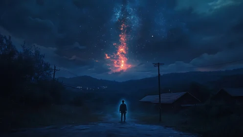 Curious child gazes up at a glowing cosmic sky in wonder