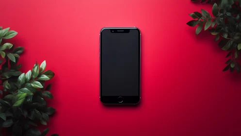 Black Smartphone Centered on Vibrant Pink Background with Botanical Accents
