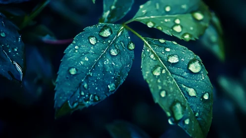 Rain-kissed green leaves glow softly in moody twilight
