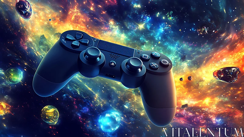Gamepad drifting through chromatic nebular cosmoscape.