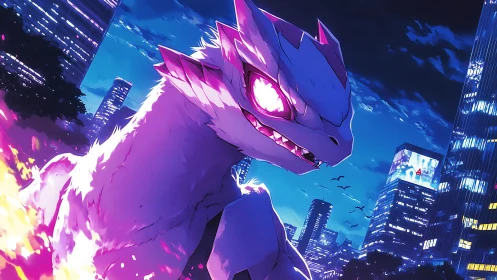 Neon kaiju towers over futuristic night city skyline.