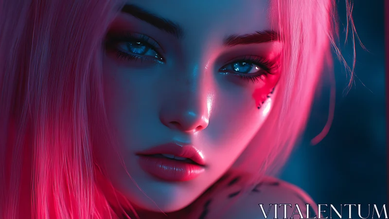 Neon-lit cyber muse with luminescent eyes and scarred gaze.